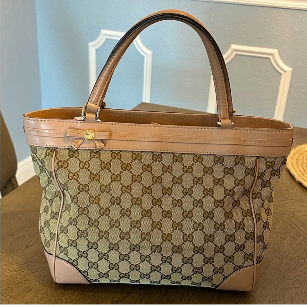 Gucci GG Canvas Tote Bag Tan Leather Trim Small/Medium Classic Monogram